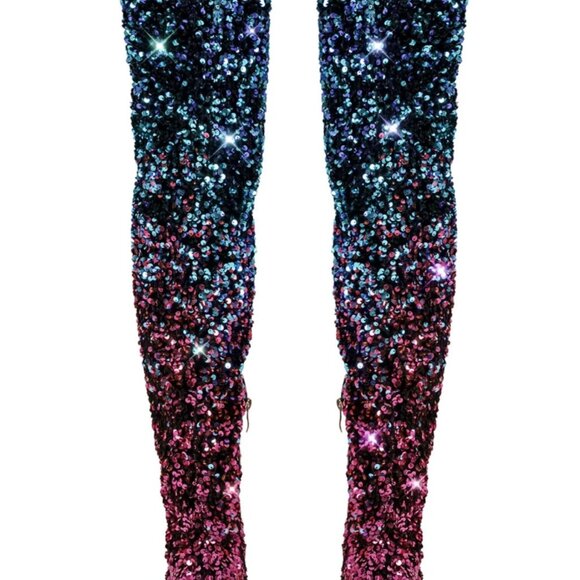 Sequins Gradient Color Pointed Toe Thigh High Stiletto Boots - Picture 2 of 6